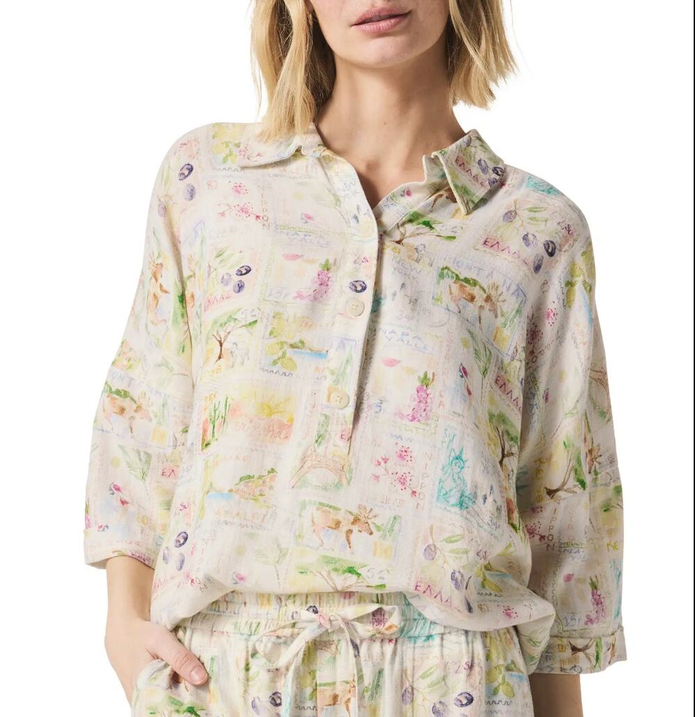 SPLENDID Women's Coastal Postcard Top Medium White Print Linen Blend Blouse NWT